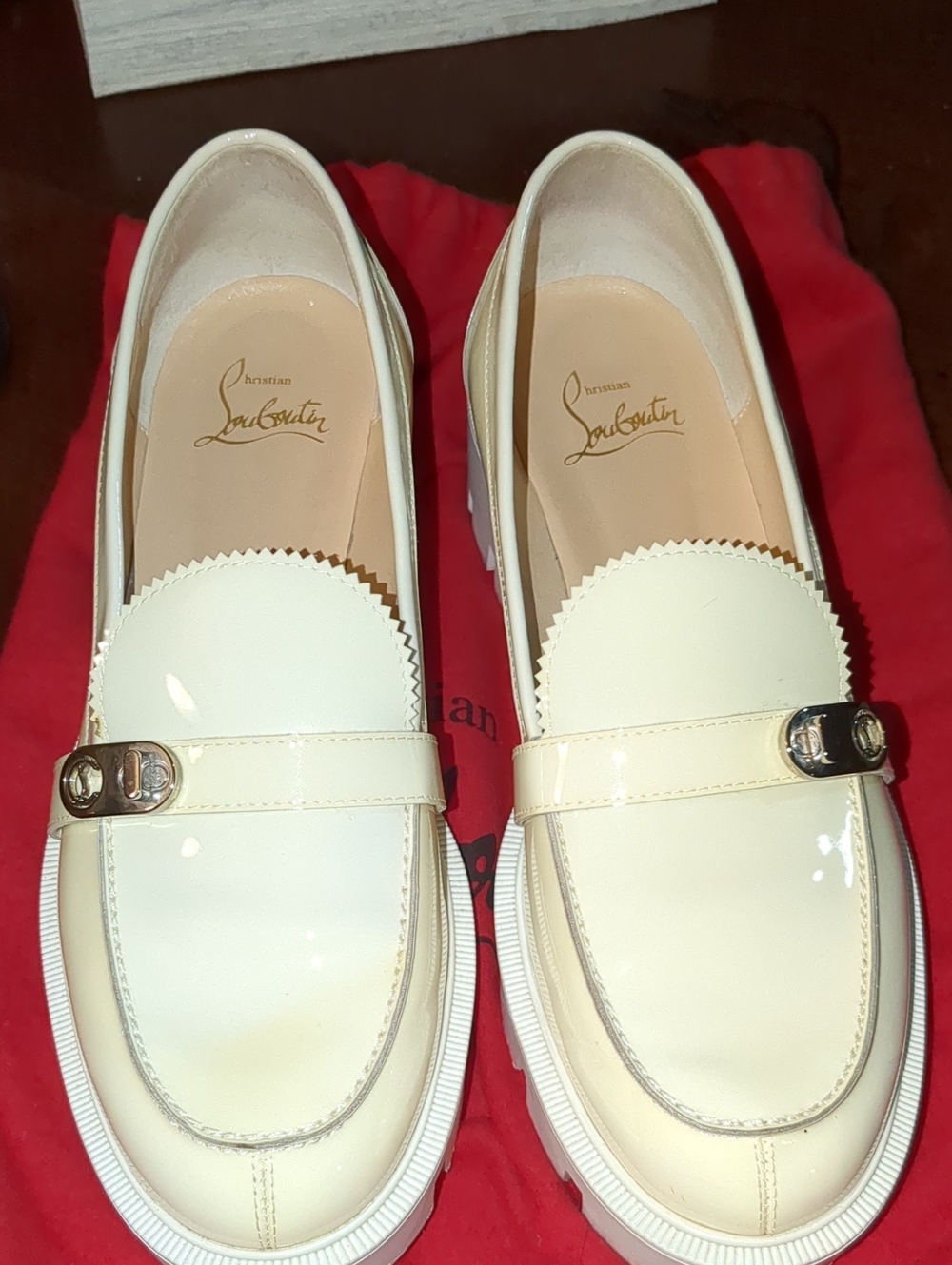 Christian Louboutin Cream Patent Leather Loafers with Gold Accent
